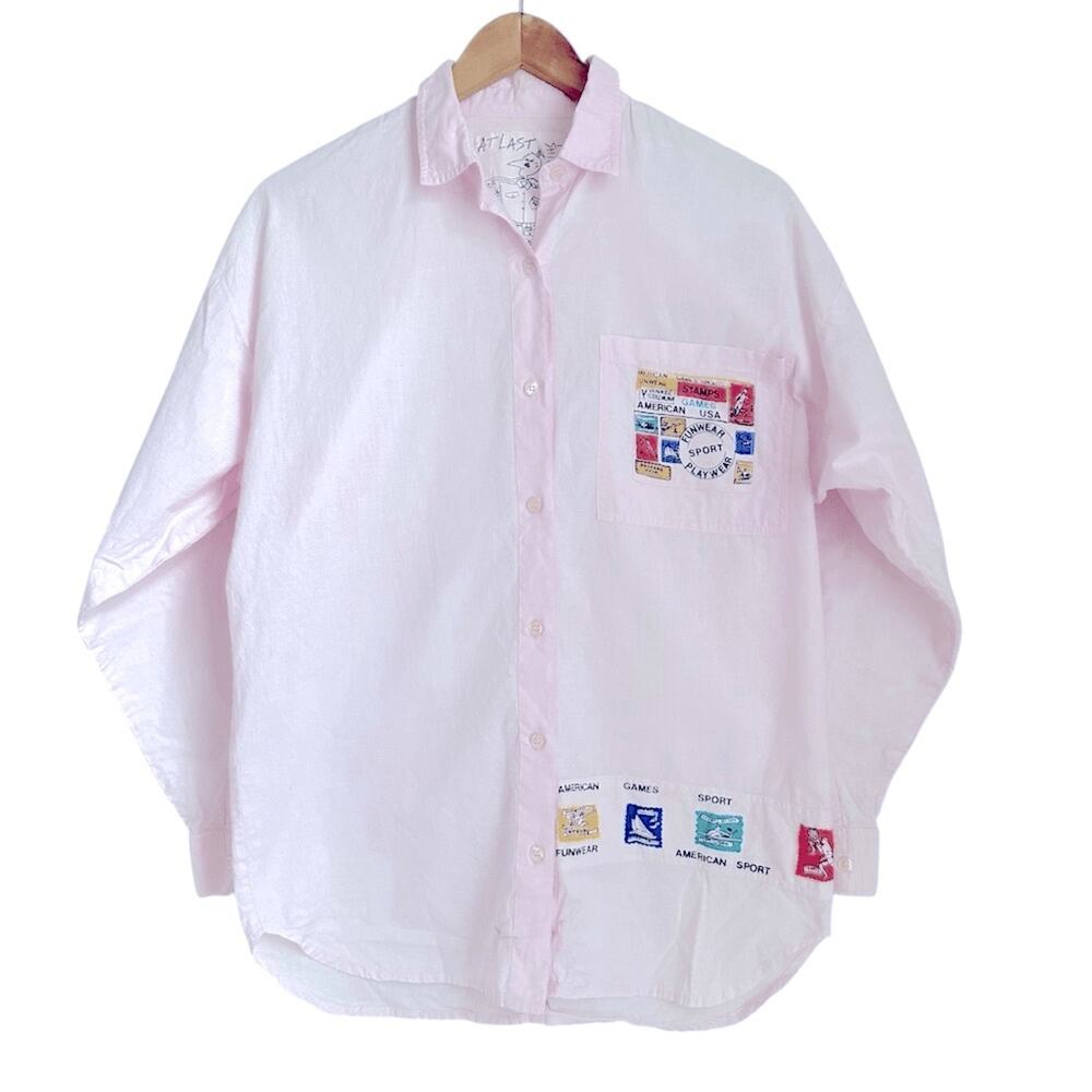 Vtg At Last Women S Pink Button-Up Shirt USA Sports Stamp Graphic Patches Cotton